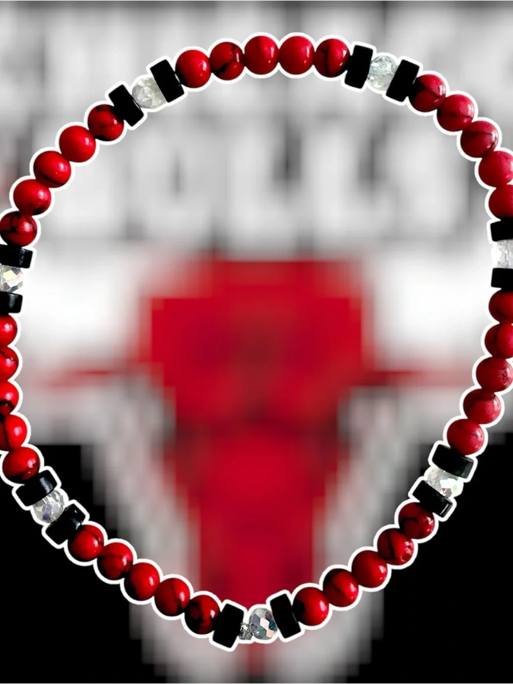 Unisex Red Beaded Stretch Bracelet with Black and Crystal Accents